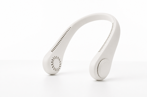 BreezeLoop hands-free neck fan in white on a clean white background, front view