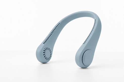 BreezeLoop neck fan in soft blue on a clean white background, front view