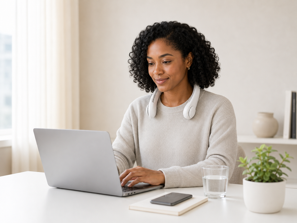 Woman wearing BreezeLoop neck fan while working at a laptop in a clean minimal home office setting