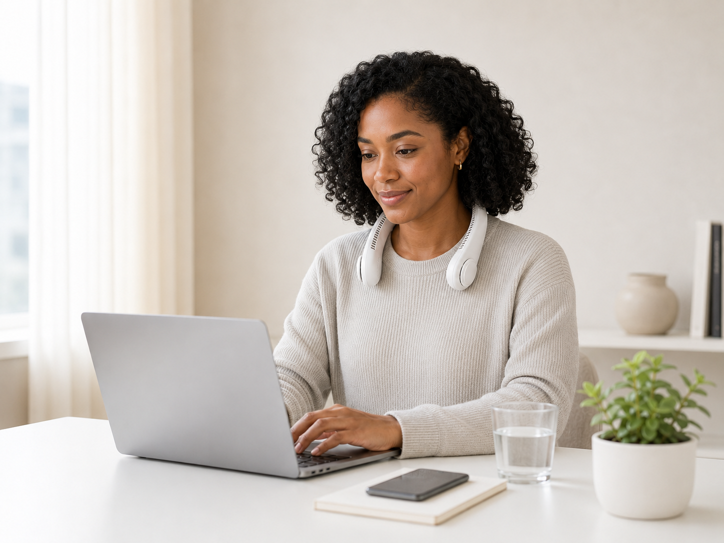 Woman wearing BreezeLoop neck fan while working at a laptop in a clean minimal home office setting