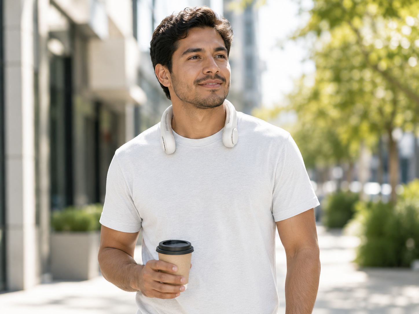 Man wearing BreezeLoop hands-free neck fan while walking on a city sidewalk holding a coffee cup on a sunny day