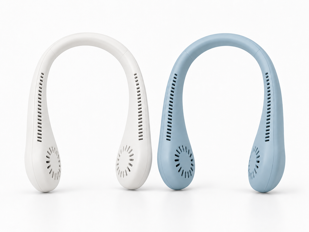 BreezeLoop neck fan shown in both available colors side by side: white on the left and soft blue on the right