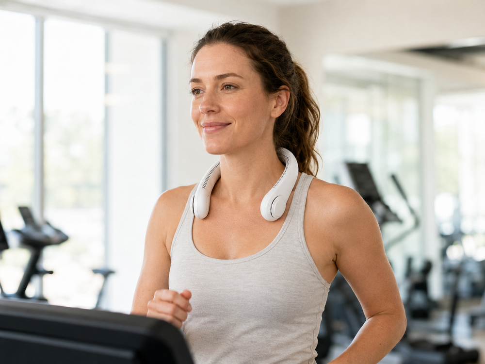 Woman wearing BreezeLoop neck fan while jogging on a treadmill in a bright modern gym